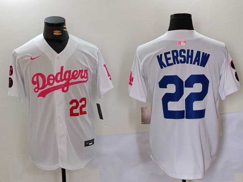 Men%27s Los Angeles Dodgers #22 Clayton Kershaw White Pink Vin & Kobe Patch Stitched Baseball Jerseys->los angeles dodgers->MLB Jersey